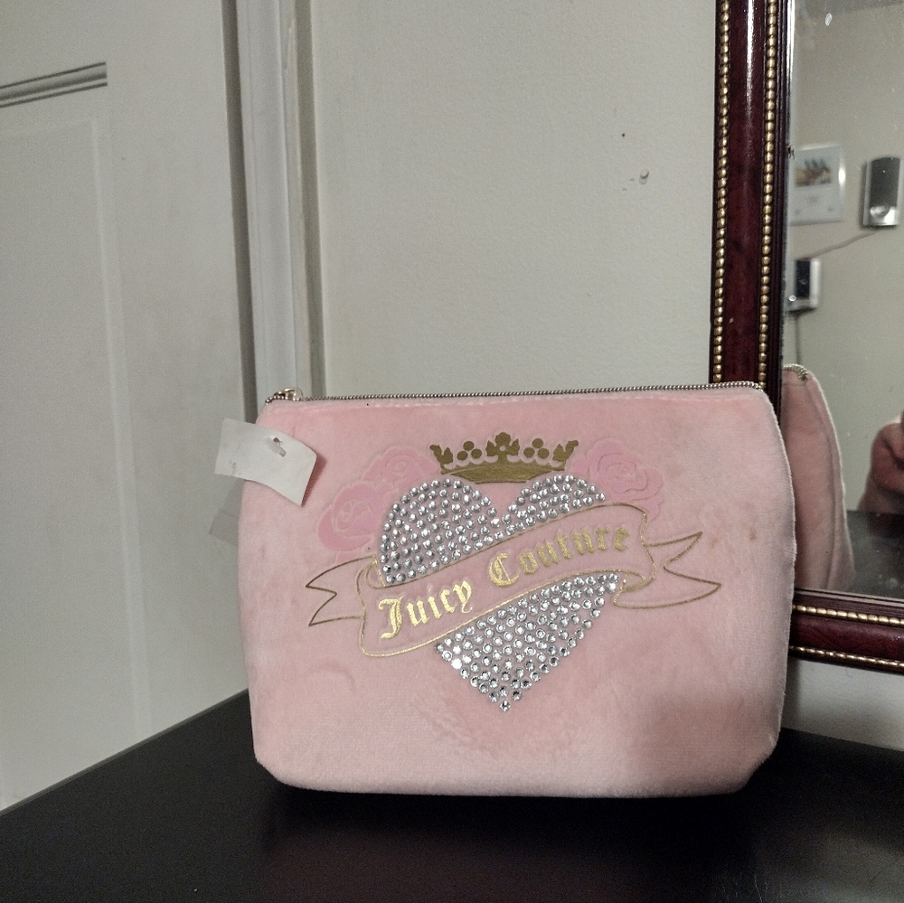 Juicy Couture Pink Plush Cosmetic Pouch with Studded Heart Logo - Picture 3 of 3